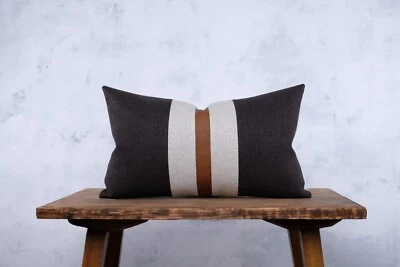 Almofada listrada bege carvão marrom capa de travesseiro lombar couro sintético feita à mão - Imagem 1 de 3