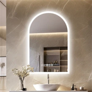 Arched Bathroom Mirror Backlit Frameless Lighted Wall Mirror w/ Temperature&Time - Picture 1 of 14