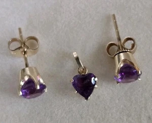 Vintage 14k Gold Amethyst Earrings And Heart Pendant Set Rounded Faceted - Picture 1 of 6