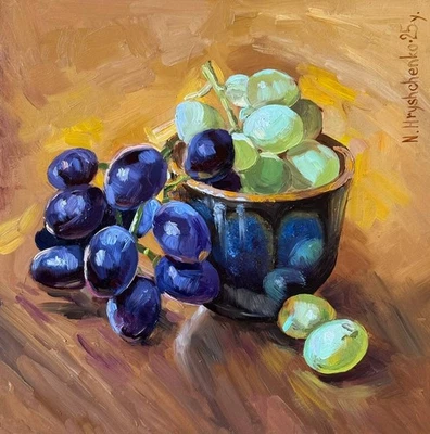 Bodegón Original Pintura al Óleo Uvas y Jarrón Cerámico Vintage 8x8 pulgadas Foto 1 de 4