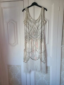 RoRox Gatsby, Flapper, Fringe, Tassell, White, Gold Sequin Dress Size ?18 - Picture 1 of 7