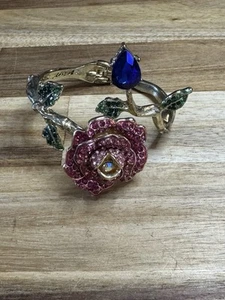 Betsey Johnson Rose Branch Hinged Cuff Bracelet Pink Pave Crystals Used Great - Picture 1 of 7