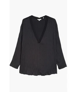 VINCE V Neck Satin Blouse Pleated Crushed Top Black Sz XL - Picture 1 of 9