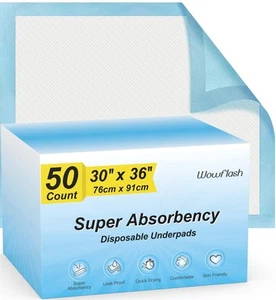 50 Count 30” x 36” Super Absorbency Disposable Underpads, Leakproof Quick Dry... - Picture 1 of 7