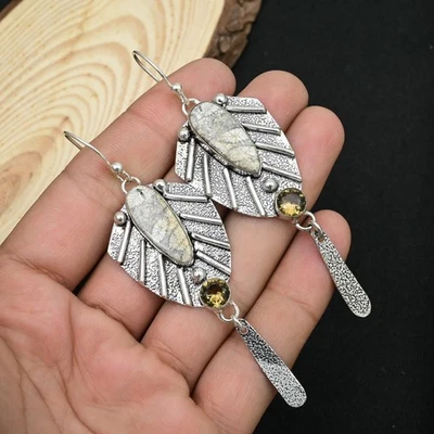 Pendiente de joyería de plata de ley 925 hecho a mano con topacio ahumado de coral fósil, tamaño 3,21" Foto 1 de 4