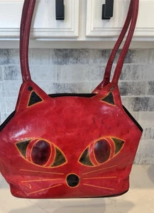 Vintage Leder Katzengesicht Handtasche Schultertasche Boho Hippie Festival - Bild 1 von 5