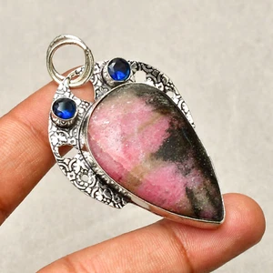 Rhodonite Gemstone 925 Sterling Silver Handmade Jewelry Pendant 2.13" - Picture 1 of 7