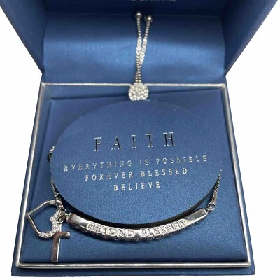 Brilliance Silver Plated FAITH Swarovski Blue Crystal Heart Cross Bracelet w/Box - Image 1 of 4