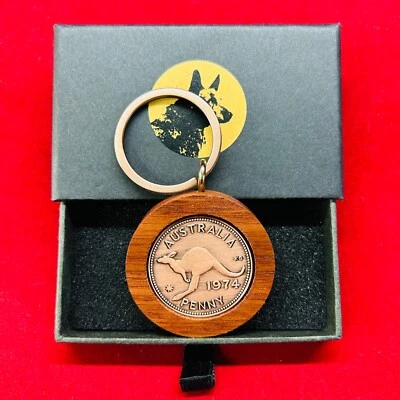 THE DROVING DOG Jarrah Penny Keyring with an Australian penny of your choice in Gift Box