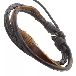 MENS REAL LEATHER and CORD BRAIDED SURF SURFER BRACELET - Wristband Adjustable - Picture 1 of 1