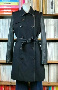 Nueva gabardina chaqueta de lana Laura Clement para damas 10 mangas de cuero real negra - Imagen 1 de 12