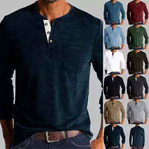 Herren Henley T-Shirt Langarmshirt mit Knopfleiste Freizeit Basic Hemdbluse Tops - Bild 1 von 22