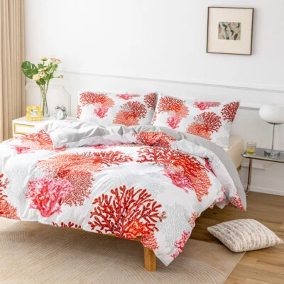3D Tropical Red Coral Pattern Quilt Cover Set Bedding Sets Pillowcases Queen - Image 1 of 4