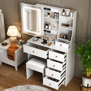 Dressing Table Dresser Vanity Makeup Desk Set With Light Mirror & Vanity Stool - Picture 1 of 8