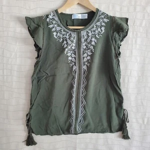 Time and Tru Womens Boho Embroidered Top Olive Flutter Sleeve Tassel Ties Sz S - Picture 1 of 7