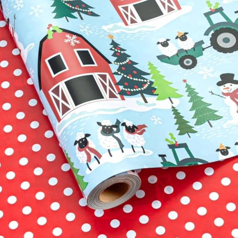 Rollo de papel de envolver navidad reversible azul - linda oveja, muñeco de nieve, c Foto 1 de 1