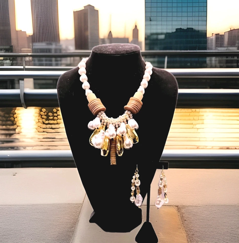 Beautiful Baroque Pearl, Gold, 11"L Necklace + 3"L Matching Earrings   Ag3 - Image 1 of 4