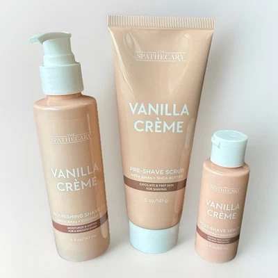 The Spathecary Crema de Vainilla Exfoliante Pre-Afeitado, Aceite de Afeitado y Suero Post-Afeitado Trío Foto 1 de 4
