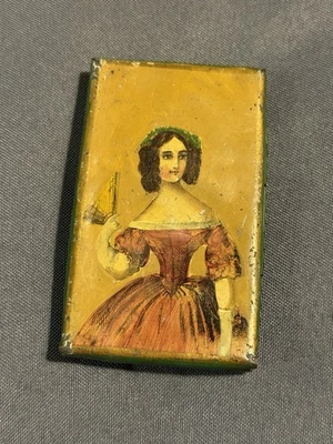 Antique Primitive Miniature Folk Art Painting Portrait on Early Tin Case - Image 1 of 4