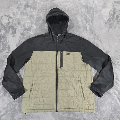 New Balance Quilted Puffer Jacket Mens L Green Black Hooded Running Performance - Image 1 of 4