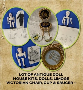 LOT OF ANTIQUE MINIATURE DOLL HOUSE DOLL KITS, LIMOGE CHAIR, CUP & SAUCER ~ - Picture 1 of 14
