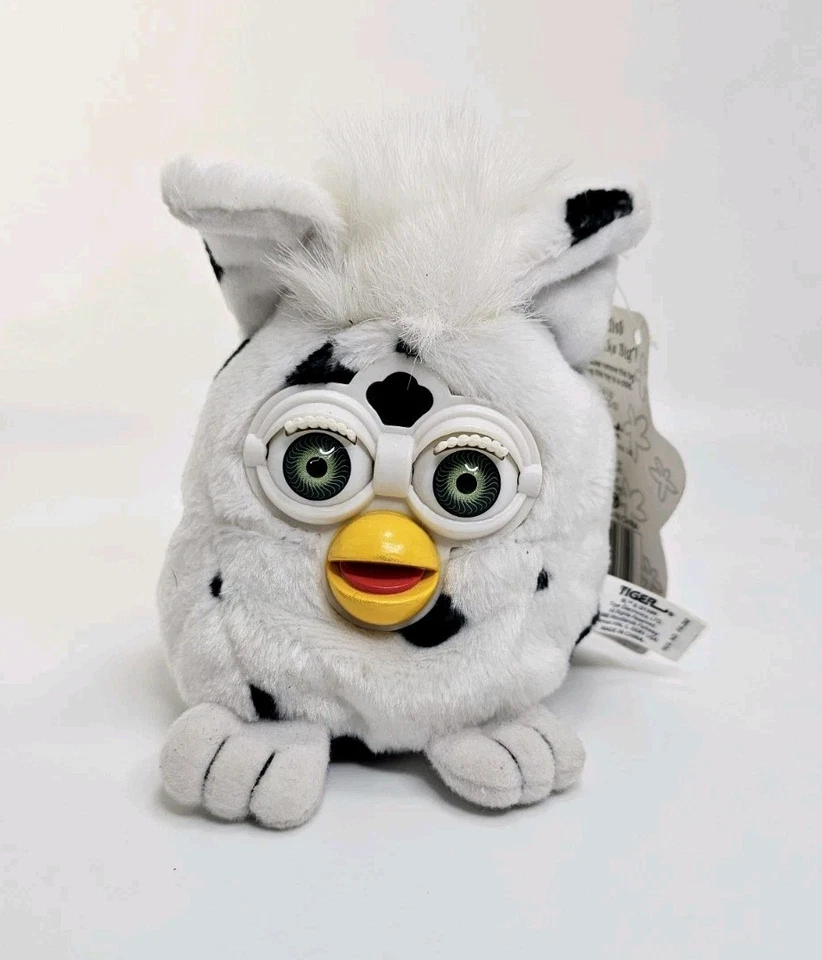 复古 1999 年 Furby Buddies “Like Big” 白色黑色斑点毛绒玩具 - 全新带标签 — 第 1/4 张图片