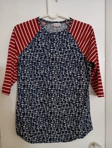 LuLaRoe Women's  3/4 Sleeve Raglan Shirt  Anchor Stripe Red White Blue Sz Small - Picture 1 of 5