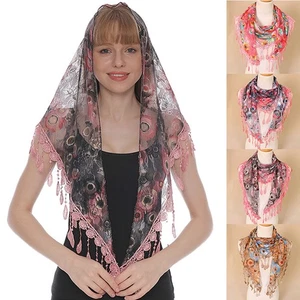 Lace Tassel Triangle Scarf Muslim Head Wrap Embroidered Floral Hijab Shawls - Picture 1 of 23