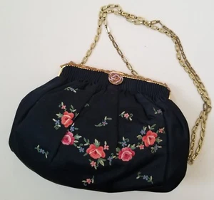 Vtg Black Satin Floral Embroidered Evening Shoulder Bag Beaded Frame Gold Chain - Picture 1 of 9