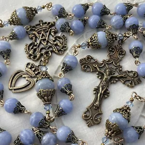 Elegante Rosario Ave Maria Corona Blu Pizzo Agata Bronzo Crocifisso Centro 2 Cuori - Foto 1 di 8