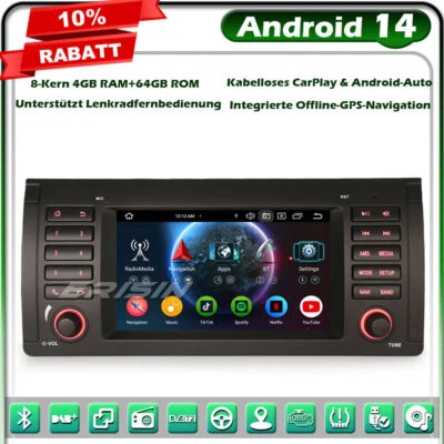 8-Kern 4+64GB Android 14 Autoradio GPS CarPlay GPS Navi für BMW X5 E53 DAB+ Wifi - Bild 1 von 4