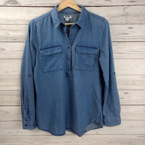 Old Navy Mujeres Chambray pequeño Denim Botón delantero camisa de manga larga Roll Tab Top - Imagen 1 de 7