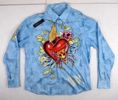 Vintage Christian Audigier Shirt Size L 00s Dazzled Skull Vine Heart Muscle Love - Image 1 of 4