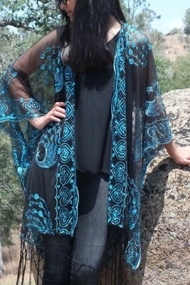 Top plumero kimono festival pavo real encaje lentejuelas azul negro talla única talla grande Foto 1 de 4