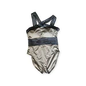 Kenneth Cole New York Women Illusion Striped Swimsuit Olive And Black Size M  - Picture 1 of 4