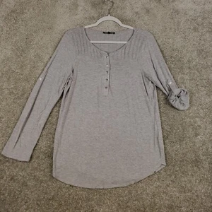 Cable & Gauge Pintuck Button Blouse Gray Long Roll Tab Sleeve M Womens Stretch - Picture 1 of 7