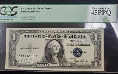 1935-D $1 Narrow Silver Certificate Fr. 1613N PCGS 45 PPQ Extremely Fine  - Image 1 of 2