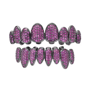 Full Iced Hip Hop Sharp Tooth Caps A9384 8 Teeth Grillz Black Mouth Top Bottom - Bild 1 von 10
