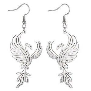 Womens Phoenix Earrings Silver 316L Stainless Steel Bird of Fire Dangles - Picture 1 of 5
