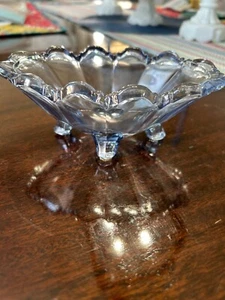 Beautiful Vintage Light Blue Glass Paneled Scalloped Rim 4 Footed Candy Dish - Picture 1 of 5