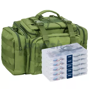 Large Fishing Tackle Bag 5 Tackle Boxes with 60 Fishing Lures Padded Shoulder - Picture 1 of 8