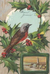 Vintage Embossed 1910 CHRISTMAS Postcard Robin Holly Berries and Town Scene - Picture 1 of 4
