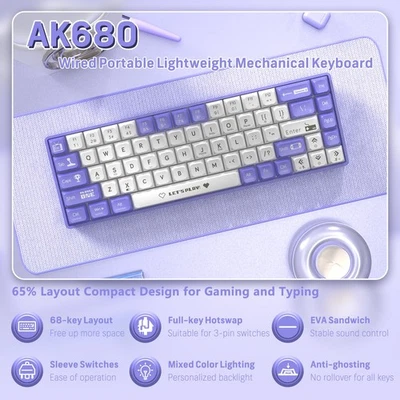 AJAZZ AK680 60% Wired  Gaming Keyboard Hot-Swap Rainbow Fully Anti-Ghosting - Image 1 of 4