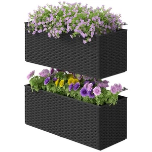 Outsunny Railing Planter Box (2 Pack, 20 Inch), Rattan Look, Black - Picture 1 of 11