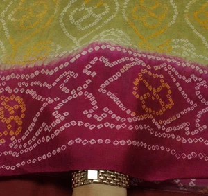 Sushila Vintage Green Sari Pure Georgette Silk Bandhani Printed Craft Fabric - Picture 1 of 9