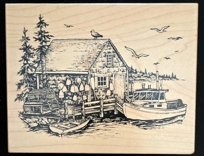 Sello de goma PSX K-2893 océano lago casa barco muelle paisaje marino escena de gaviotas Foto 1 de 2