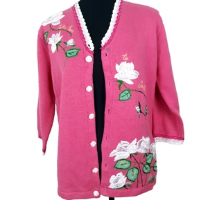 Storybook Knits Cardigan Women's Size Medium Embroidered Floral Pink Cottagecore - Picture 1 of 12