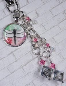 Dragonfly Purse Charm Bag Clip Bicone Glass Crystal Pink Silver Handmade New - Picture 1 of 4