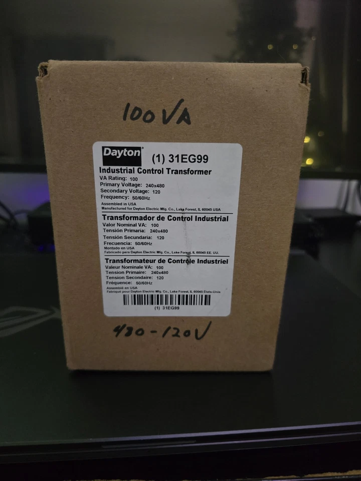 Dayton 31Eg99 Control Transformer, 100 Va, 120V Ac, 240/480V Ac - Image 1 of 1