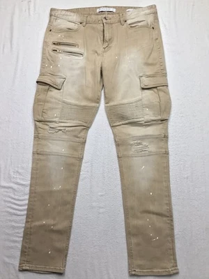 GUESS Jeans Men 36x32 Tan Moto Cargo Slim Taper Distressed Skater Biker  - Image 1 of 4